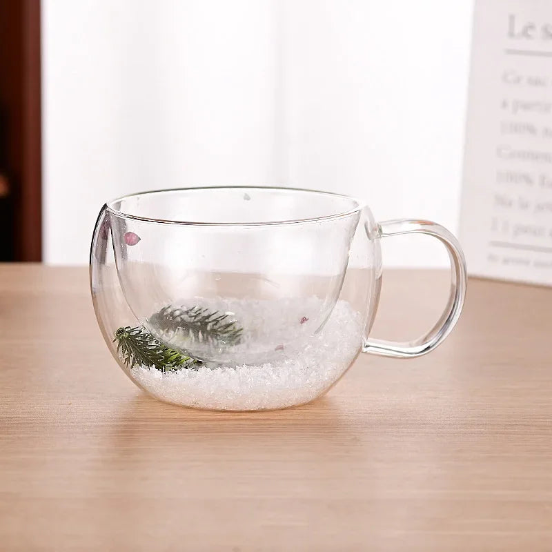 200/350ML Christmas Mug Double Wall Glass Cup Snow Scene Coffee Cup Heat Resistant Juice Milk Glass Water Cup ‌Christmas Gift