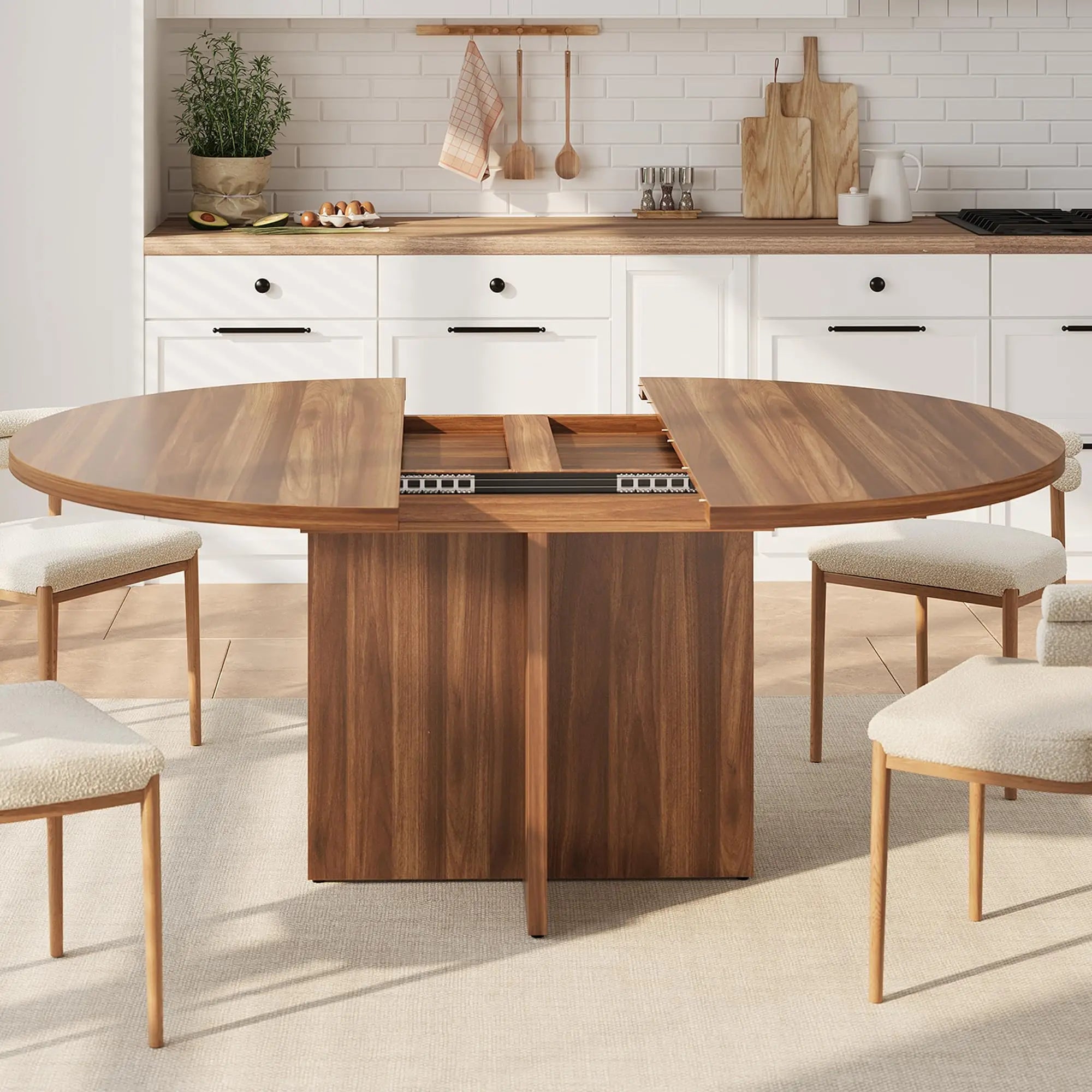 Extendable Round to Oval Dining Table For 4-8, Modern Expandable Kitchen Table With Removable Leaves, Space Saving Dinner Table