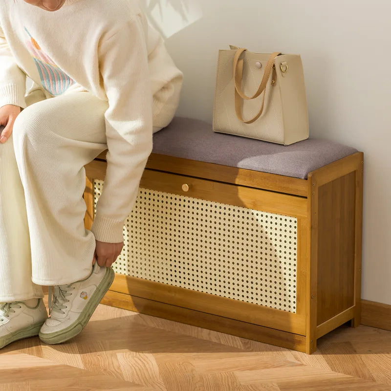 Banco zapatero con almacenamiento para la entrada, asiento largo tapizado, gabinete moderno para zapatos, banco para pasillo, gabinete de lujo para almacenamiento, estantes para zapatos.
