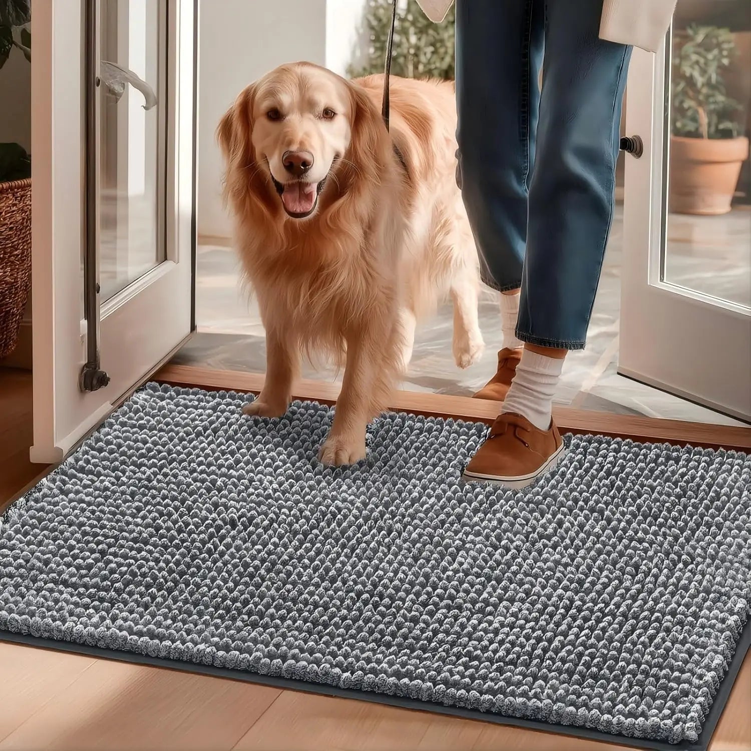 Alfombrilla Súper Absorbente para Perros para Patas Enlodosadas, Alfombra para Mascotas Lavable de Secado Rápido, Antideslizante para Entrada Interior o Exterior, Gris