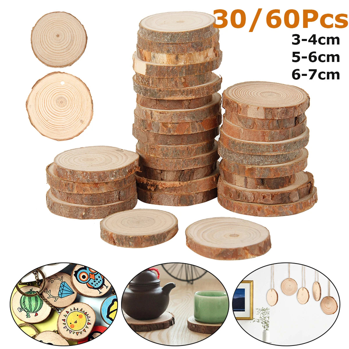 30/60Pcs Wood Slices With Tree Bark Natural Pine Round Unfinished Wood Slices Painting DIY Crafts for Wedding Christmas Decor
