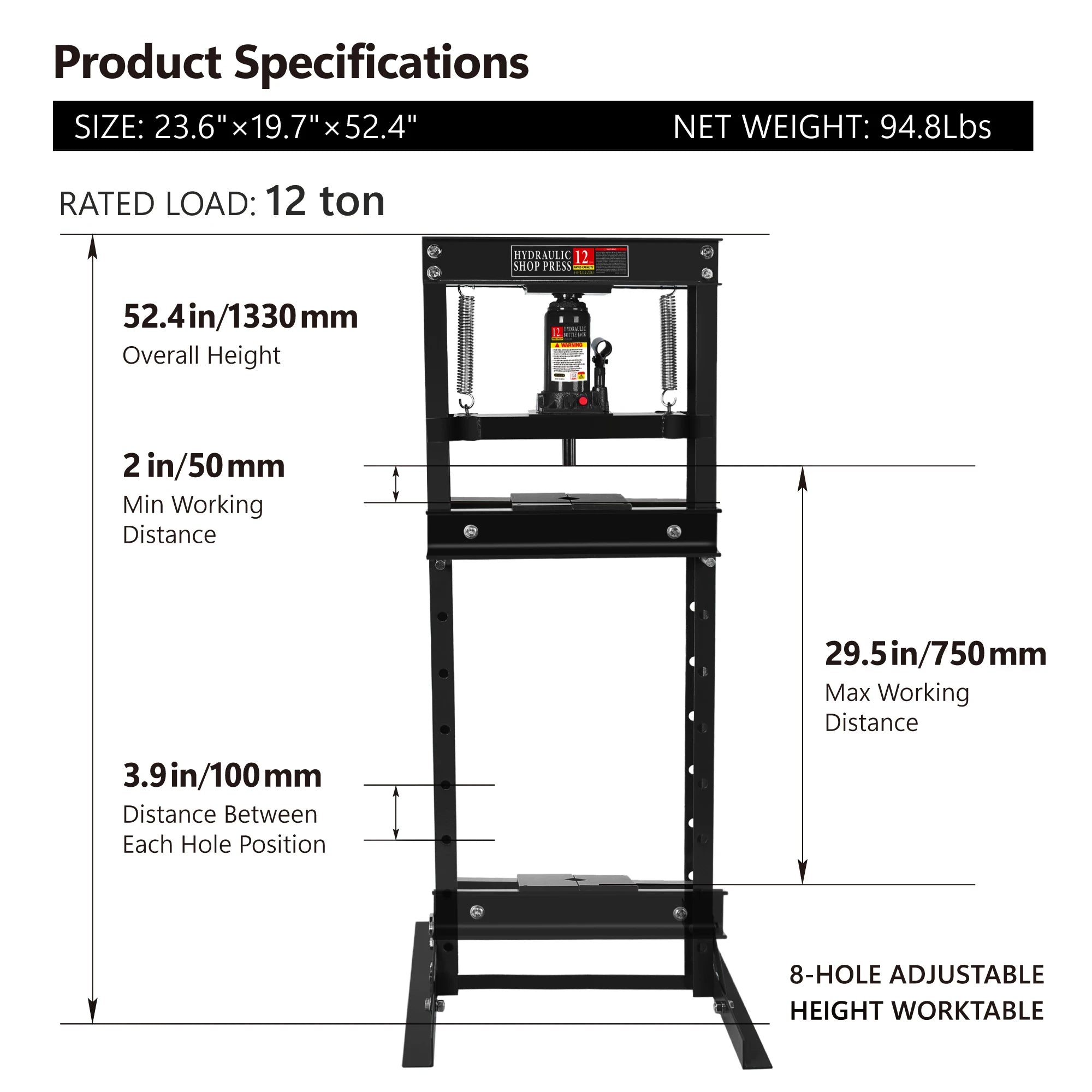 12 Ton Hydraulic Shop Press h-Frame Bench Press with Pressure Gauge Bearing Press for Automotive Repair Garage Metalworking Tool