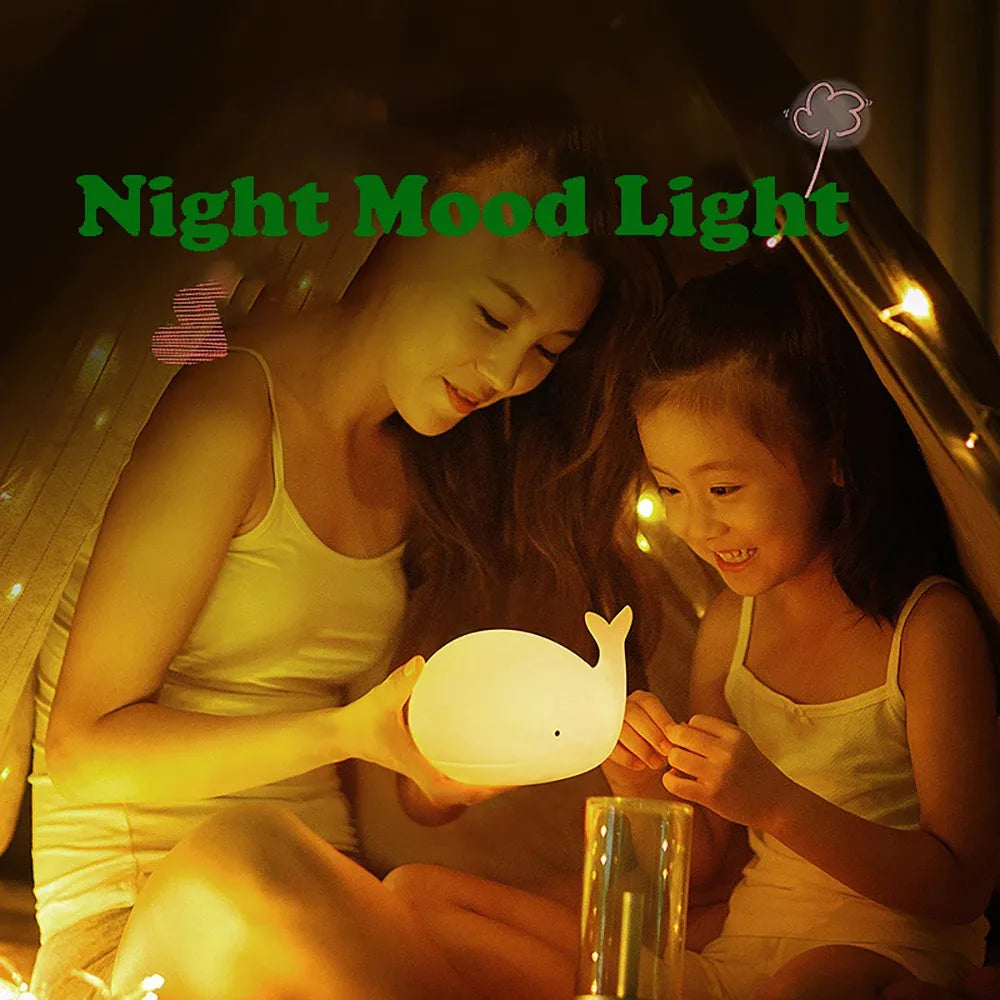 Luz de noche de ballena de dibujos animados de silicona suave para decoración de habitación infantil, lámpara de dormir recargable USB para niños, Dropshipping