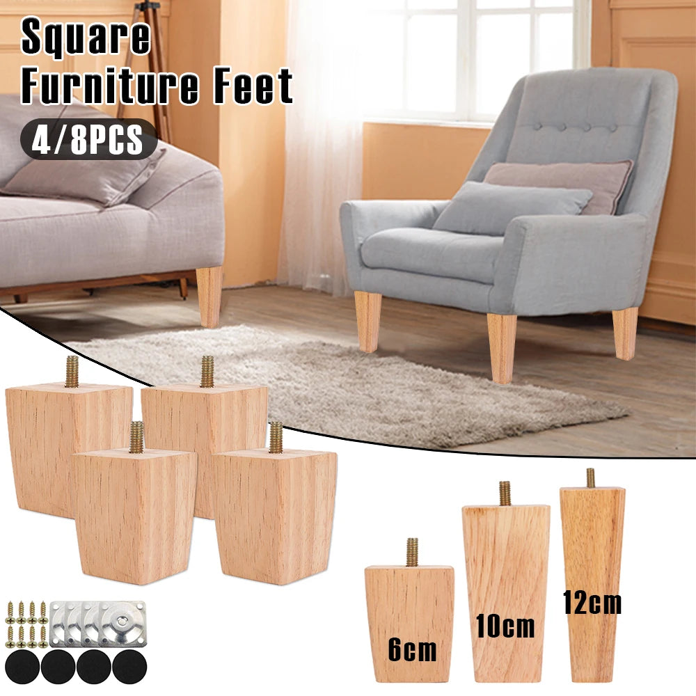 Patas cuadradas para muebles de 4/8 piezas de 6/10/15 cm, patas de sofá de madera maciza, patas de muebles de repuesto con tornillos, placa de montaje y almohadillas