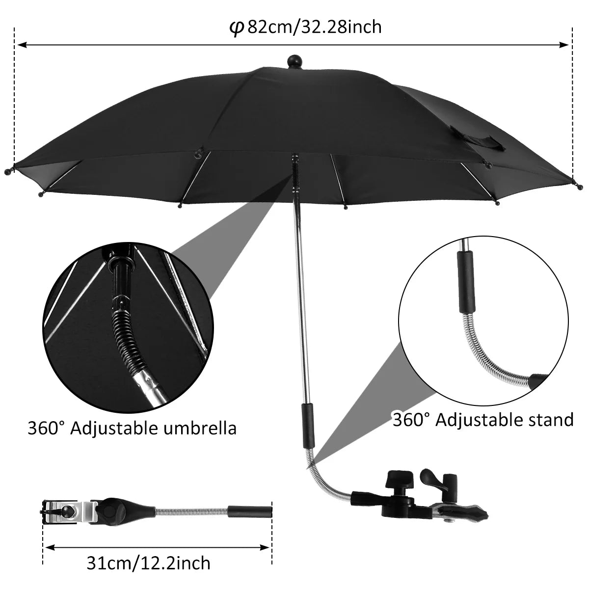 Sombrilla Universal Para Cochecito de Bebé, Protección UV, Sol y Lluvia, Parasol Ajustable 360°, Sombrilla Para Silla de Patio o Playa, Impermeable