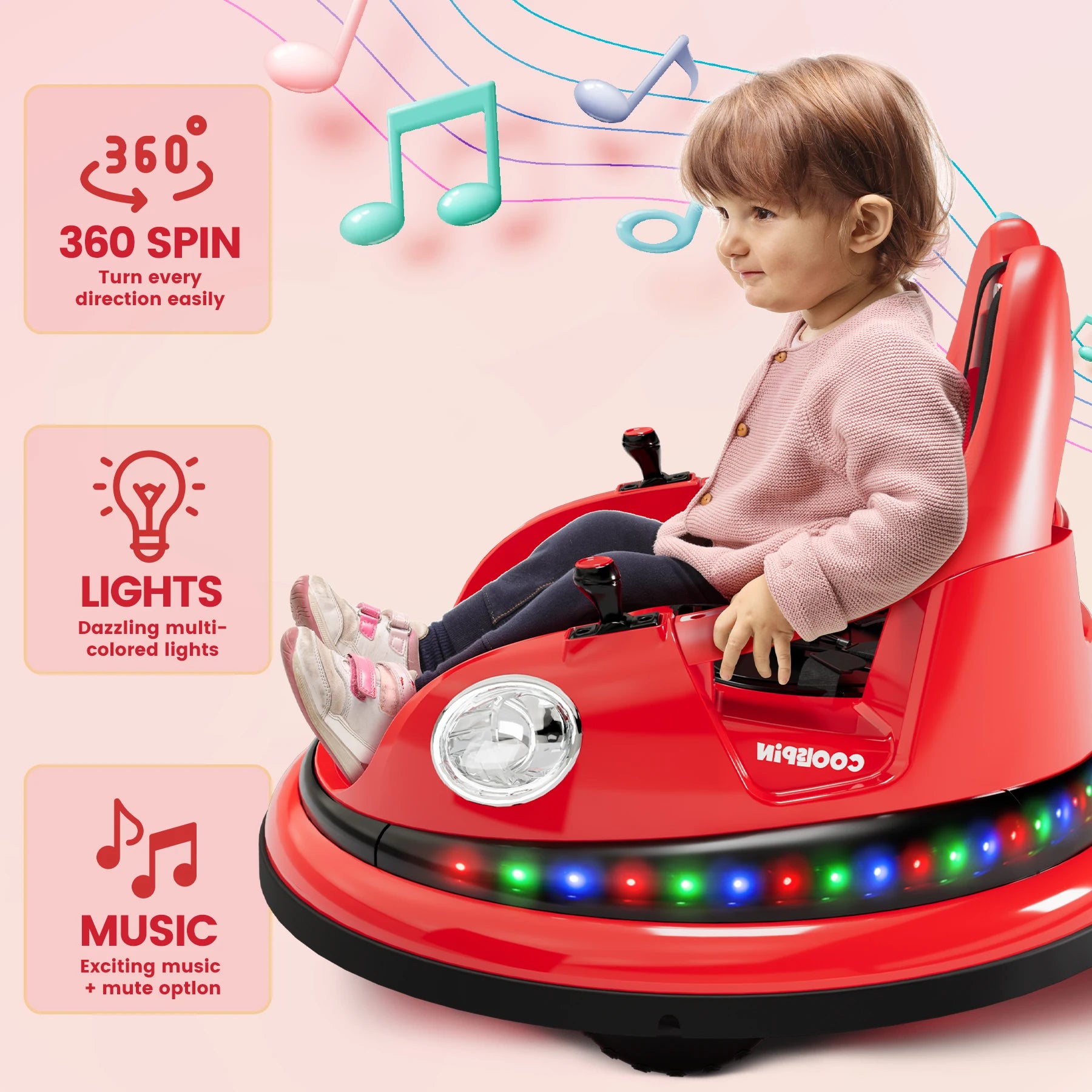 Coche de choque de 12V para niños pequeños, juguetes eléctricos para montar para niños de 1 a 6 años, luces LED, giro de 360 grados, soporta hasta 30 kg