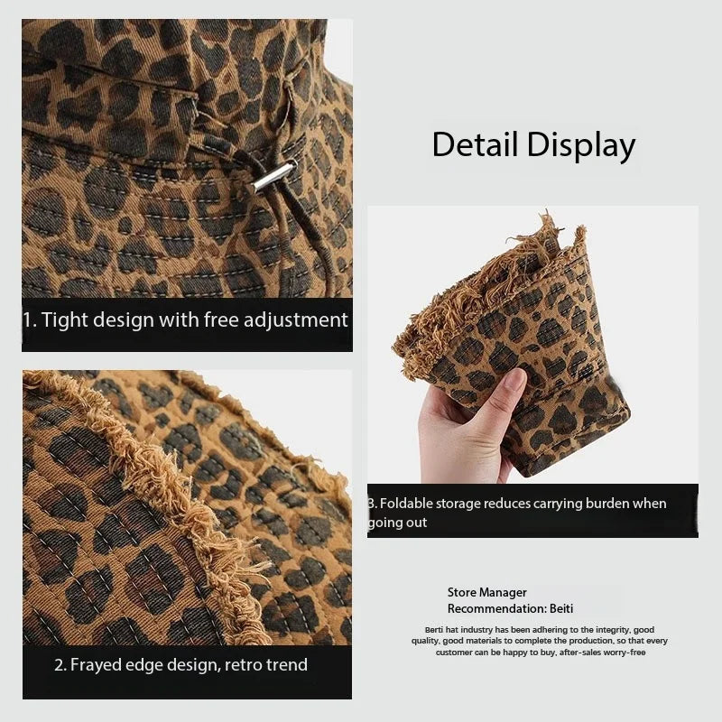 Sombrero de pescador con estampado de leopardo americano, estilo femenino, gorro pequeño que realza el rostro, sombrero tipo pescador estilo "chica picante"