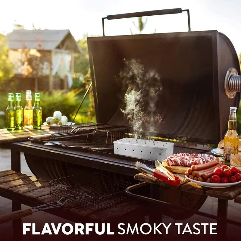 Caja ahumadora para barbacoa, de acero inoxidable, caja ahumadora de astillas de madera con tapa con bisagras, caja de humo resistente para barbacoa de carbón YY224