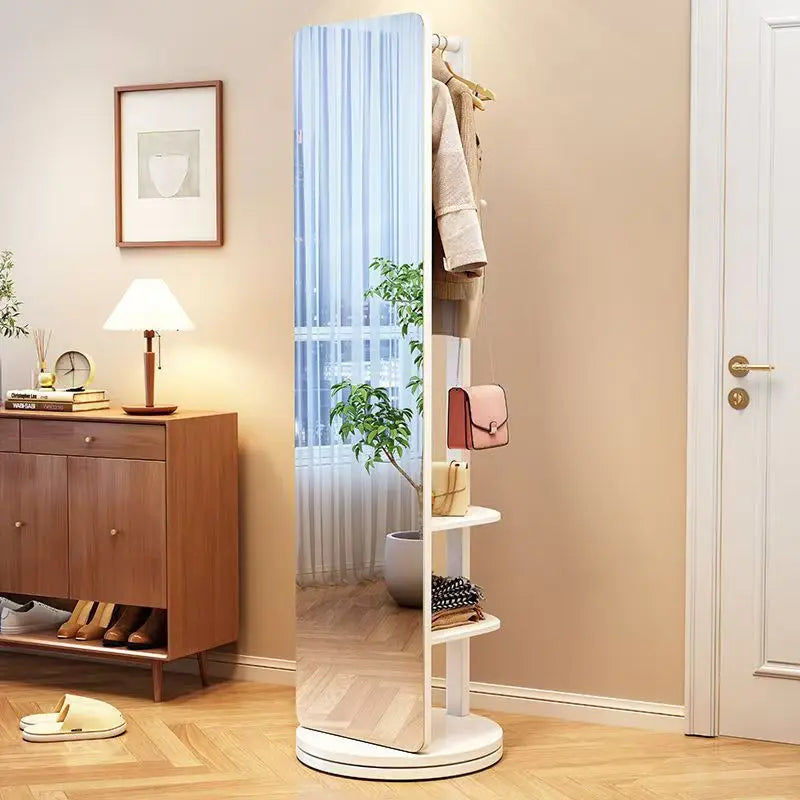 Espejo de vestir de madera maciza, espejo de cuerpo entero, espejo giratorio para el hogar, espejo de pie con colgador integrado, espejo para dormitorio.