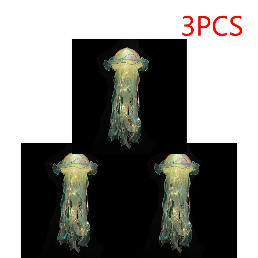 Jellyfish Colorful Nightlight Button Battery Hanging Ceiling Lantern with Ribbon&Bead LED Bulbs for Children Bedroom