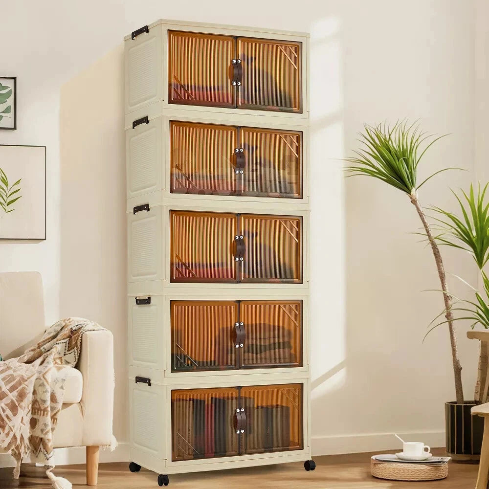 Organizador de Almacenamiento, Cajas de Almacenamiento de Ropa Apilables de 5 Niveles con Ruedas, Cajones Plegables para Ropa, Organizador de Armario para Dormitorio