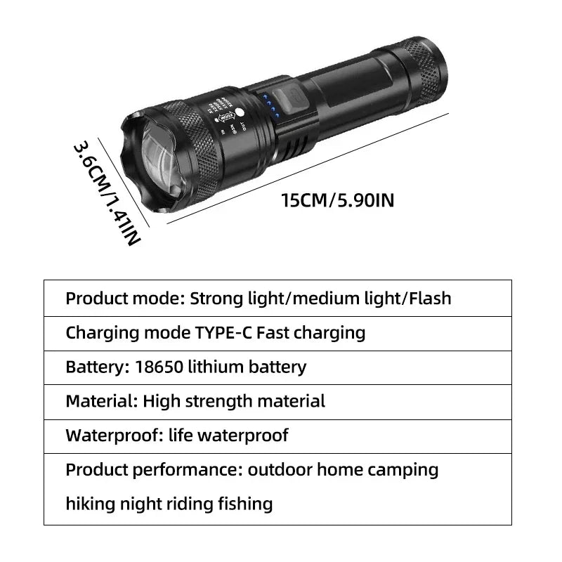 Linterna Súper Brillante Recargable USB LED Largo Alcance Táctica Antorcha Exterior Impermeable Emergencia Camping Pesca Linterna