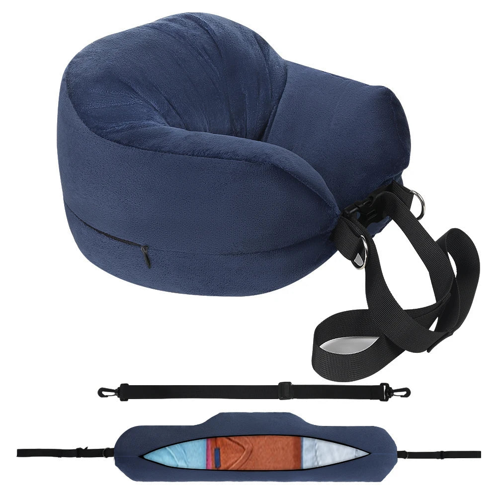 Almohada de viaje para cuello con funda en forma de U rellenable con ropa, bolsa de almacenamiento adicional, funda de almohada de terciopelo para viajes en avión