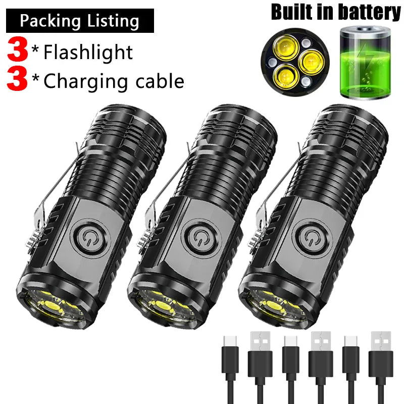 Mini linterna superbrillante de 3 LED con clip para bolígrafo e imán en la parte trasera, batería integrada, carga USB, antorcha portátil para exteriores, lámpara de emergencia