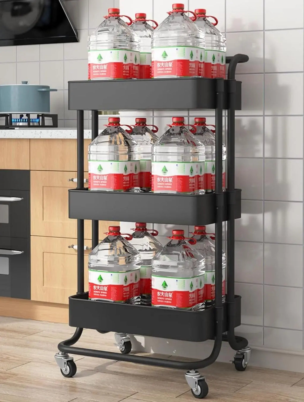 Sooyee Carrito Utilitario de 3 Niveles, Carro Rodante con Asa y Ruedas con Bloqueo, Carrito de Almacenamiento Multifuncional para Cocina, Baño