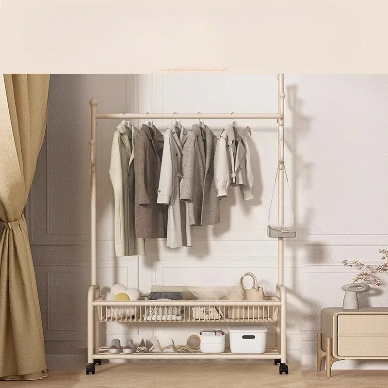 Perchero de pie metálico color crema con ruedas para ropa, sombreros, bolsos, organizador para dormitorio, entrada, pasillo, muebles para el hogar