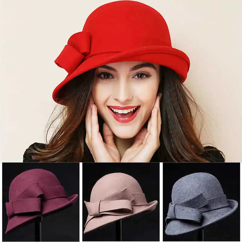 Sombrero de copa para niños, elegante, retro, de lana, con ala rizada, lazo, a la moda, sombrero de copa con gran circunferencia, sombrero de fieltro estilo palacio