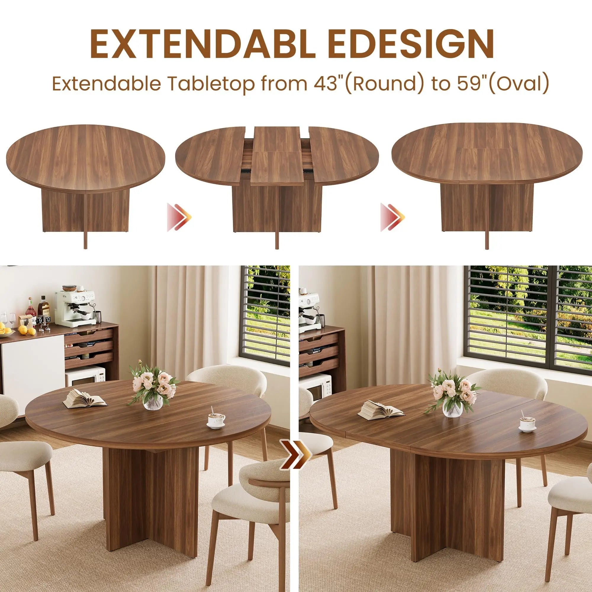 Extendable Round to Oval Dining Table For 4-8, Modern Expandable Kitchen Table With Removable Leaves, Space Saving Dinner Table
