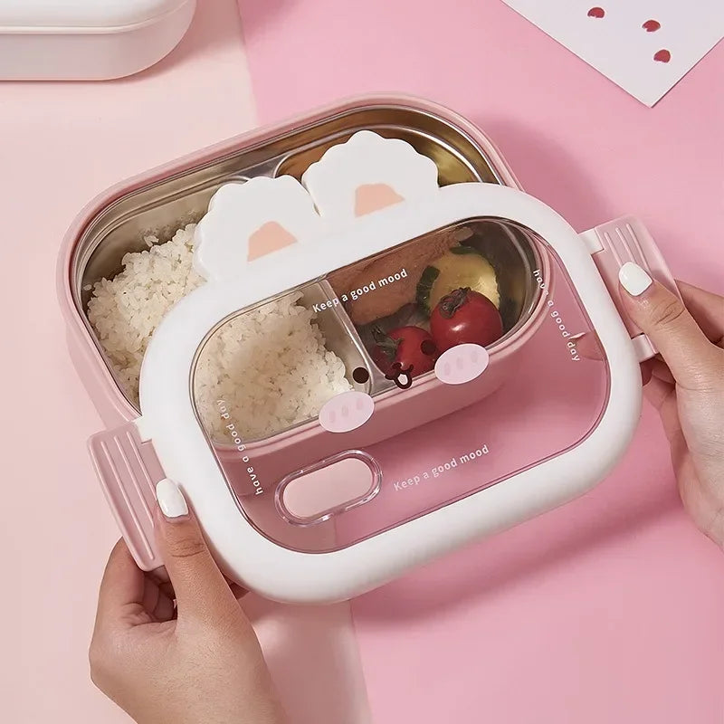Fiambrera Bento de Acero Inoxidable con Diseño Creativo de Conejo, Dividida, Sellada, Portátil, con Hebilla, para Niños y Estudiantes, Lindos Regalos