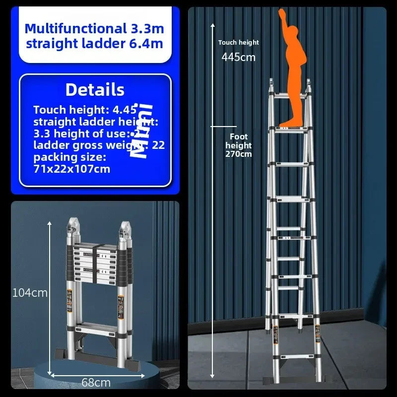 Escalera telescópica de acero inoxidable engrosada, escalera recta plegable tipo espiga, escalera portátil para el hogar