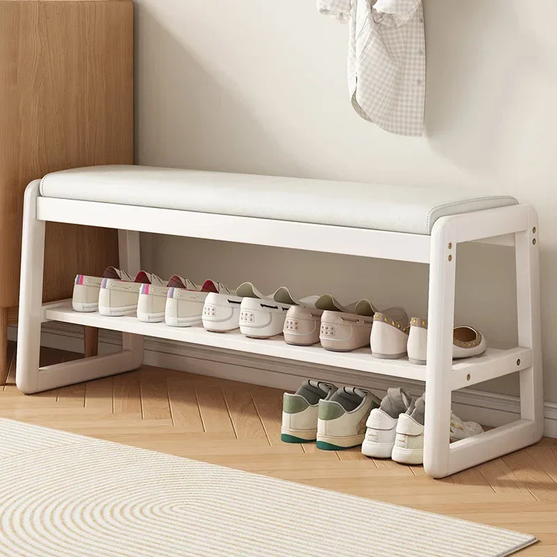 Taburete para cambiarse los zapatos de tela Teng, para puerta de entrada, puerta del hogar, almacenamiento multicapa, madera maciza, se puede sentar en el taburete para zapatos