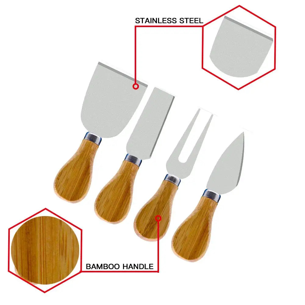 Juego de 4 cuchillos para queso de acero inoxidable con mango de madera, cortador y esparcidor de mantequilla YY062