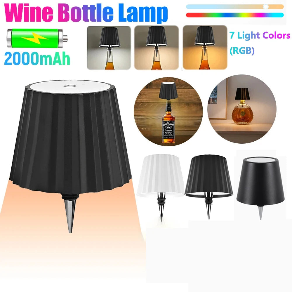 Lámpara de mesa LED inalámbrica para botella de vino, 2000 mAh, 7 colores, regulable, RGB, recargable por USB, luces para mesa de comedor, lámpara para bebidas, táctil superior