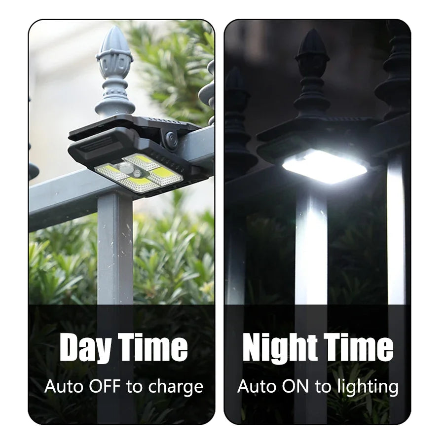 Luz solar LED para exteriores con clip, portátil, impermeable, sensor de movimiento, lámpara de patio, jardín, hogar, camping, luces de pared