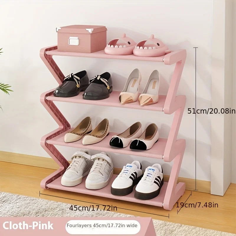 Zapatero rosa en forma de Z de 4 niveles - Estante de almacenamiento de pie para sala de estar, dormitorio y entrada | Zapatero | Organizador de almacenamiento de zapatos