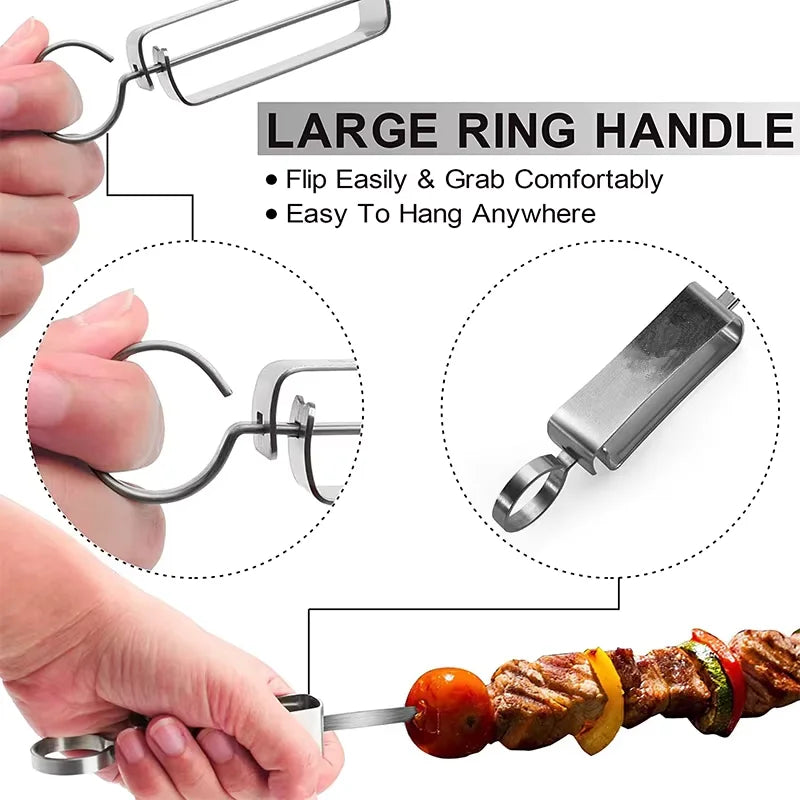 6 pinchos para kebab para parrilla, brochetas planas de acero inoxidable con mango metálico deslizante de liberación rápida YY085