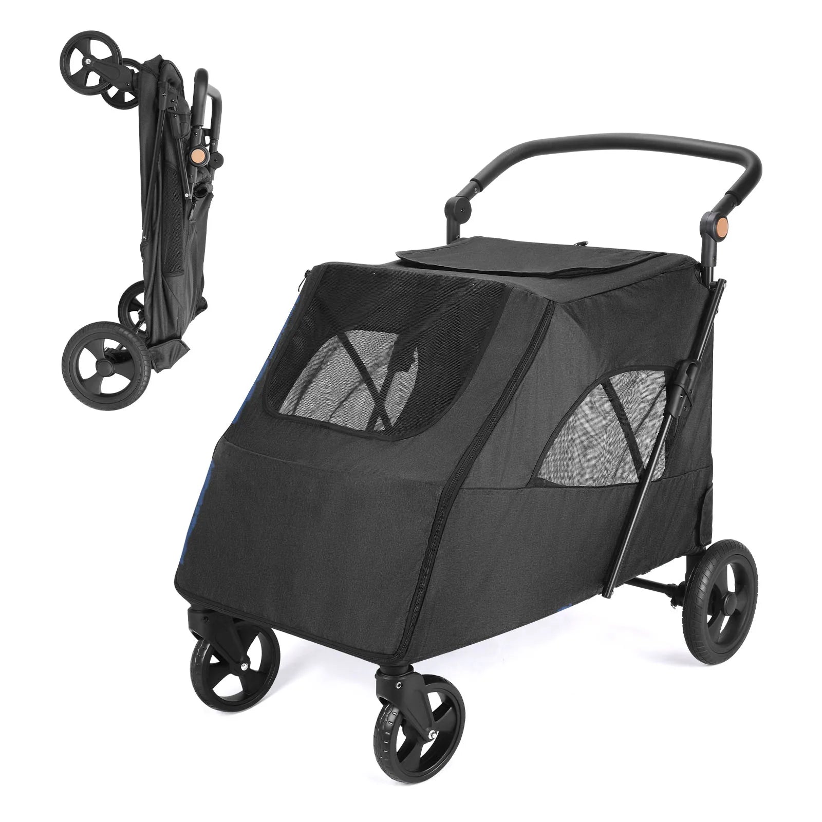 Cochecito para mascotas grandes, hasta 30 kg, manillar ajustable, silla de paseo plegable para perros, almacenamiento XXL, cochecito doble para gatos