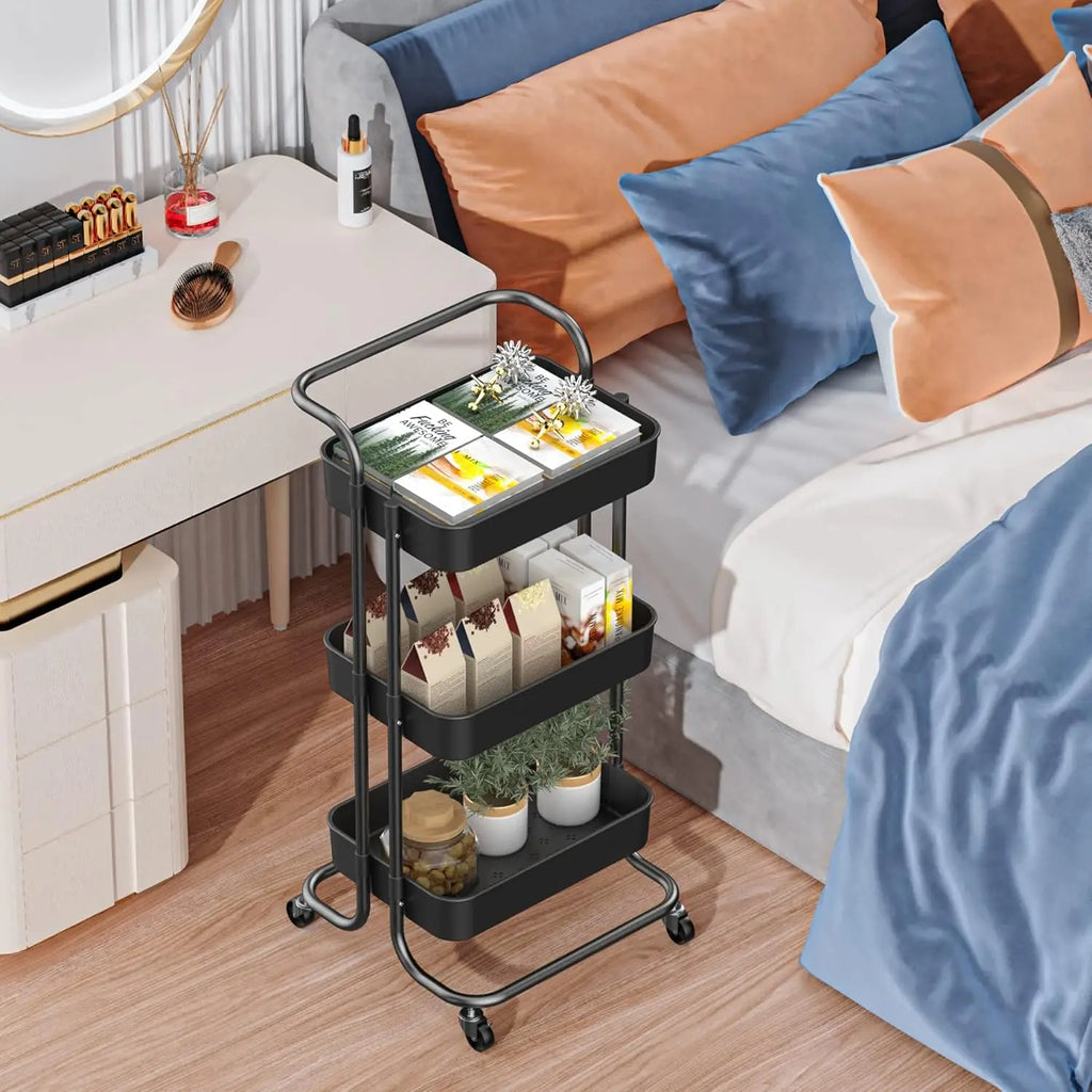 Sooyee Carrito Utilitario de 3 Niveles, Carro Rodante con Asa y Ruedas con Bloqueo, Carrito de Almacenamiento Multifuncional para Cocina, Baño