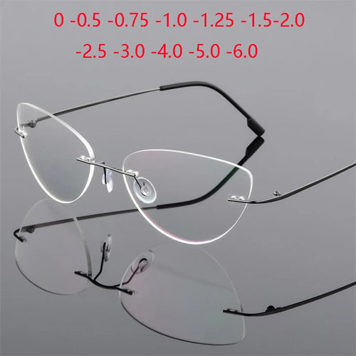 1.61 index Lens Frameless Cat Eye Myopia Eyeglasses Ultralight Rimless Blue Light Blocking Prescription Glasses -0.5 -0.75 to -6