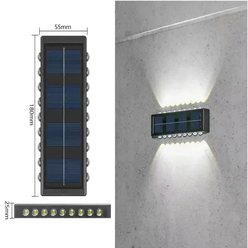 Luces solares de pared para exterior cálidas/blancas, lámpara solar de pared para porche con iluminación superior e inferior para jardín, calle, paisaje, balcón, patio