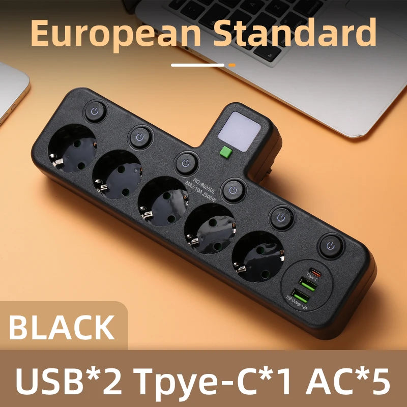 EU Plug AC Outlet Power Strip Multiprise Wall Socket Universal Network Filter USB Cherger Separate Switch Light Adapter