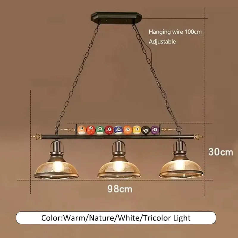 Lámpara Colgante Vintage de Billar con Tres Cabezas de Cristal, Lámpara Colgante Creativa, Lámpara de Techo Nostálgica para Restaurante/Cafetería