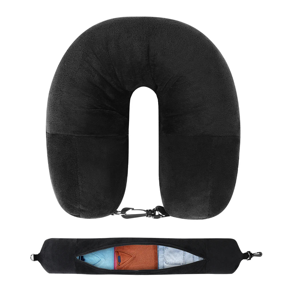 Almohada de viaje para cuello con funda en forma de U rellenable con ropa, bolsa de almacenamiento adicional, funda de almohada de terciopelo para viajes en avión