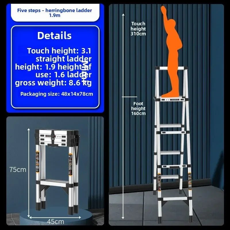 Escalera telescópica de acero inoxidable engrosada, escalera recta plegable tipo espiga, escalera portátil para el hogar