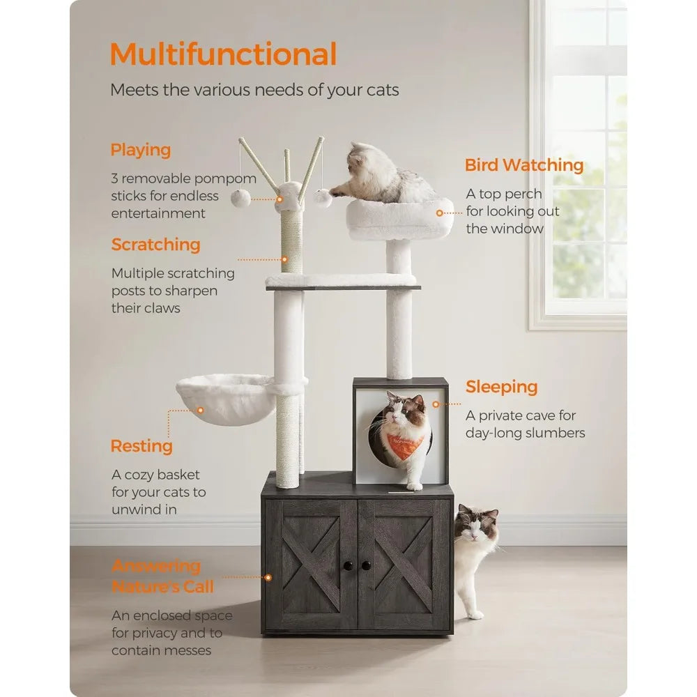 Árbol para gatos con arenero oculto, torre moderna para gatos de 59 pulgadas, condominio 2 en 1 con postes rascadores, cojín extraíble lavable