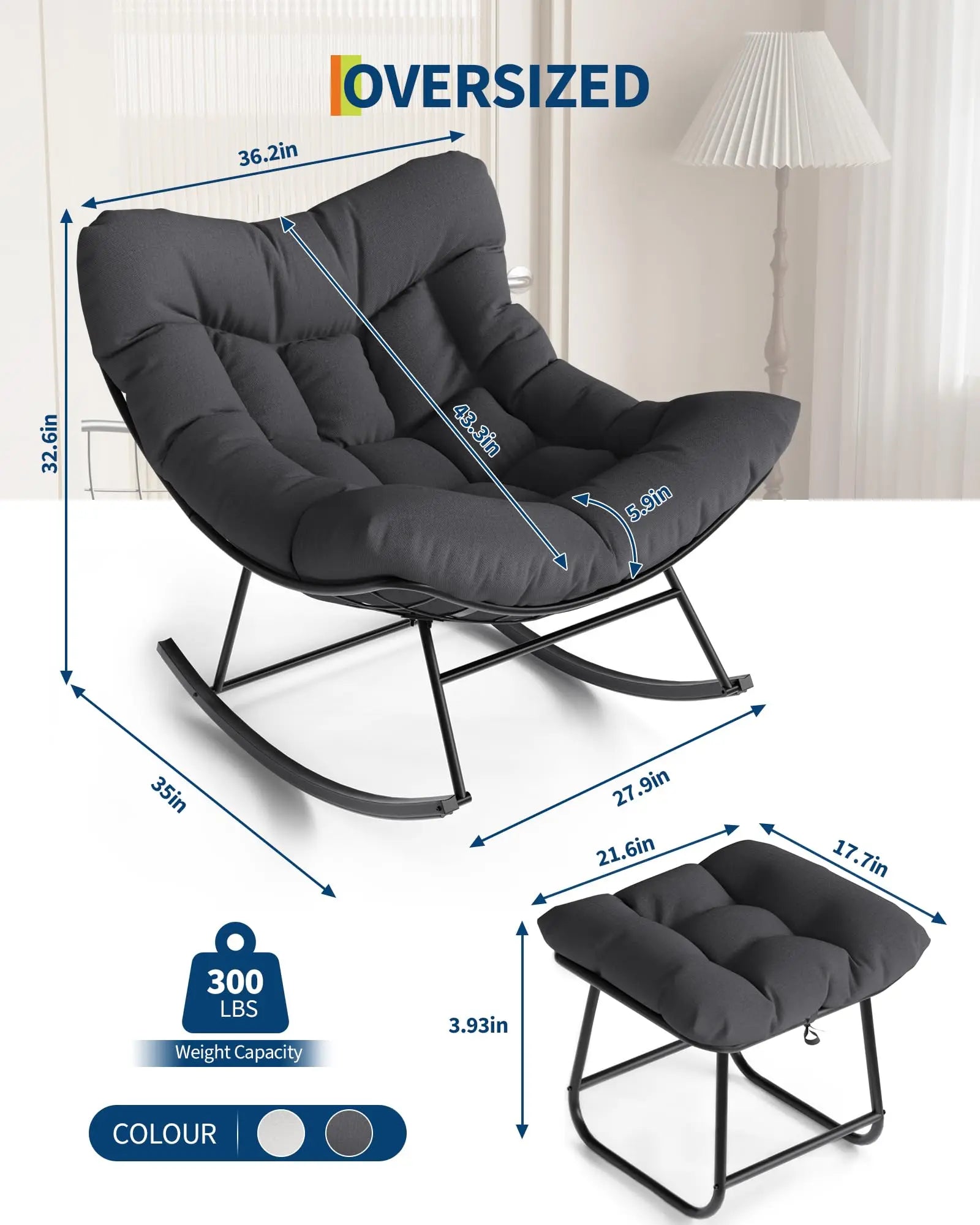 Mecedora Papasan extragrande con otomana, mecedora tipo huevo para exteriores para porche, balcón, patio trasero, alta resistencia, capacidad de 204 kg
