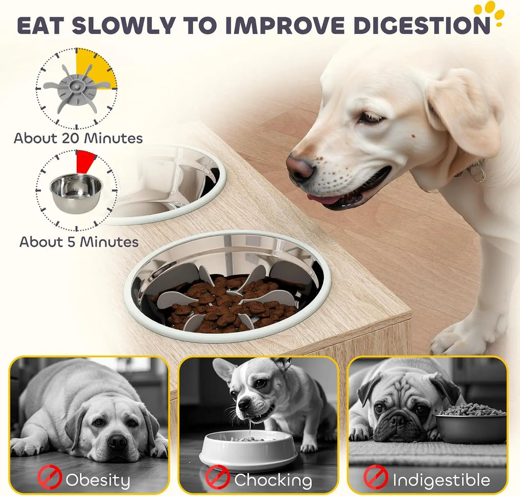 Comederos Elevados para Perros con Gabinete de Almacenamiento, Soporte Elevado para Comedero de Perros, Estación de Alimentación para Mascotas con Comedero Lento y Antideslizante, para Mascotas Grandes