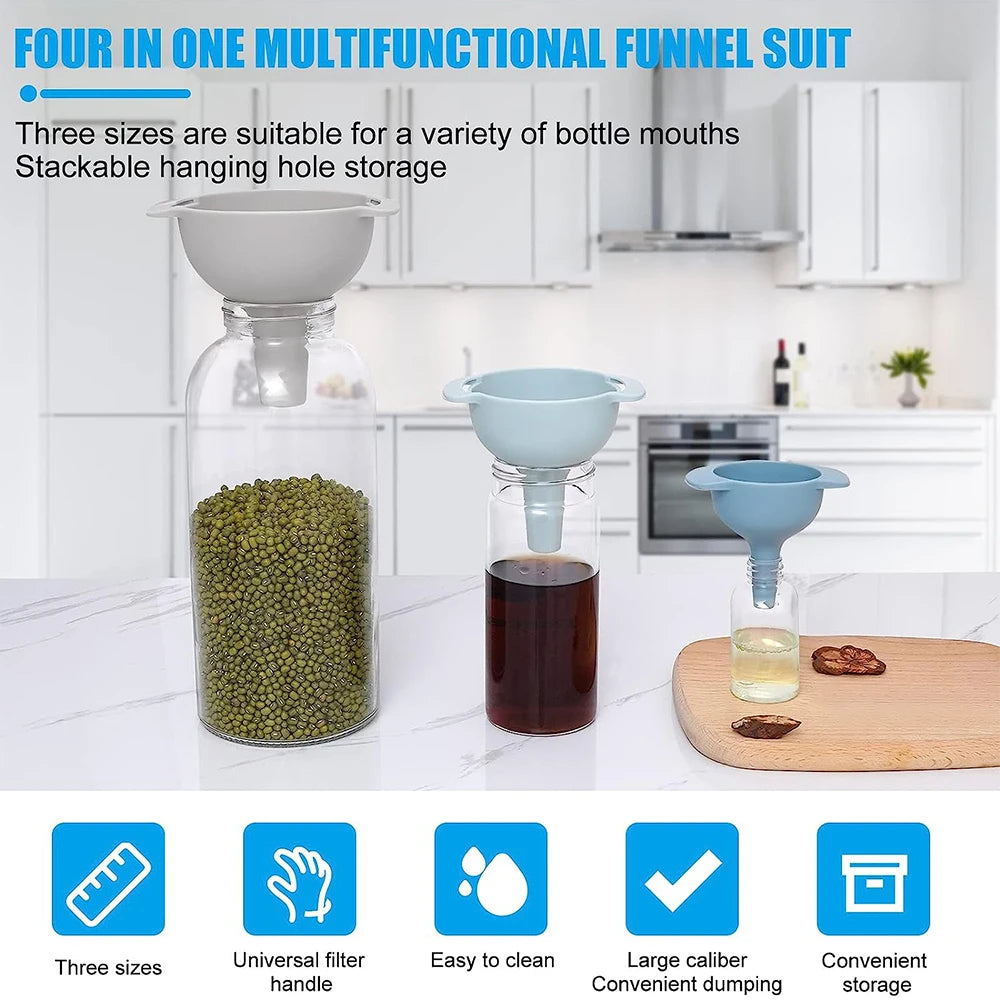 Embudo de cocina 4 en 1 para rellenar botellas, embudos de cocina con filtro colador desmontable, embudo de aceite de grado alimenticio sin BPA