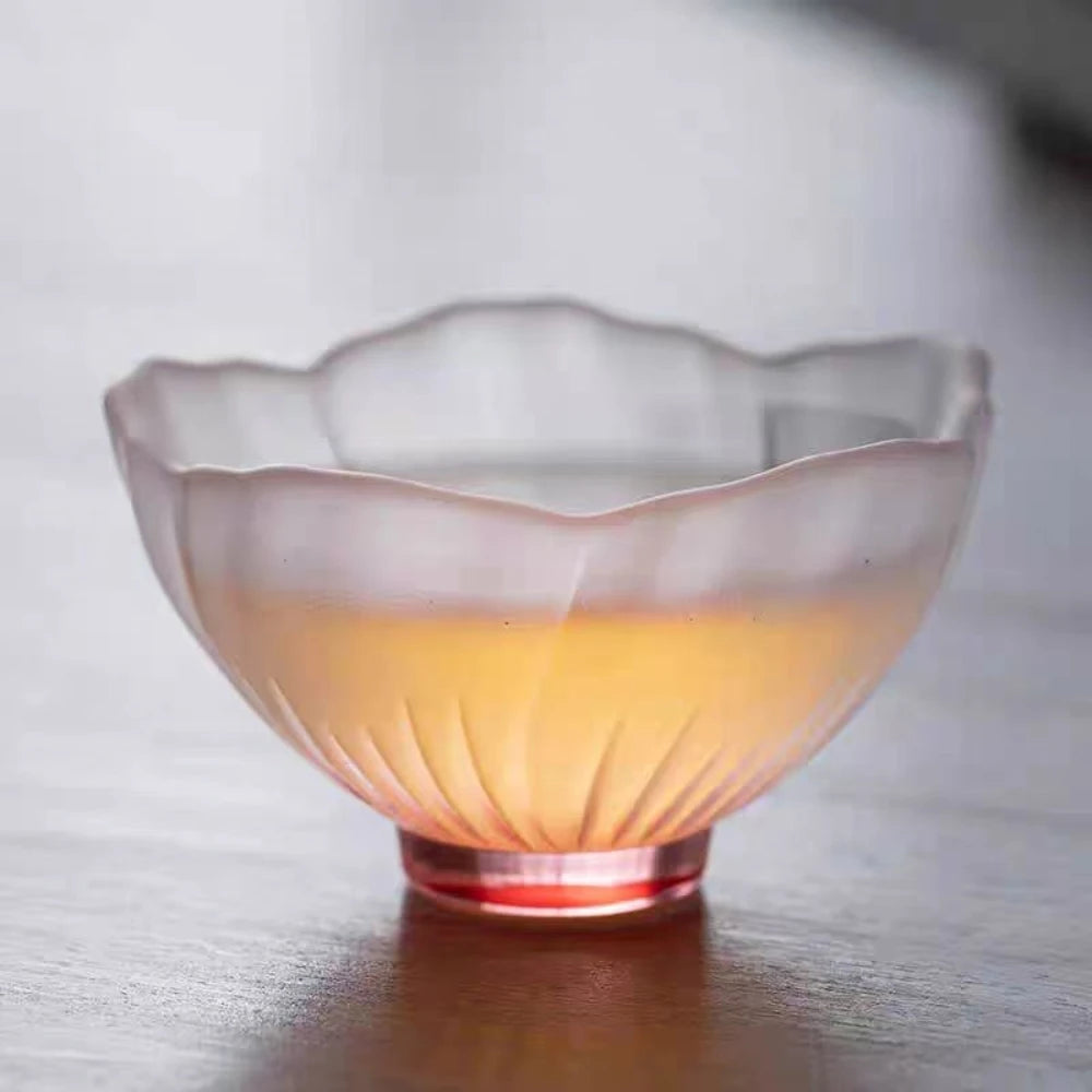 Juego de 4 tazas de té japonesas de cristal esmerilado rosa Sakura, dama de cristal rosa, taza de té con diseño de flores, taza de té, taza con diseño de pétalos