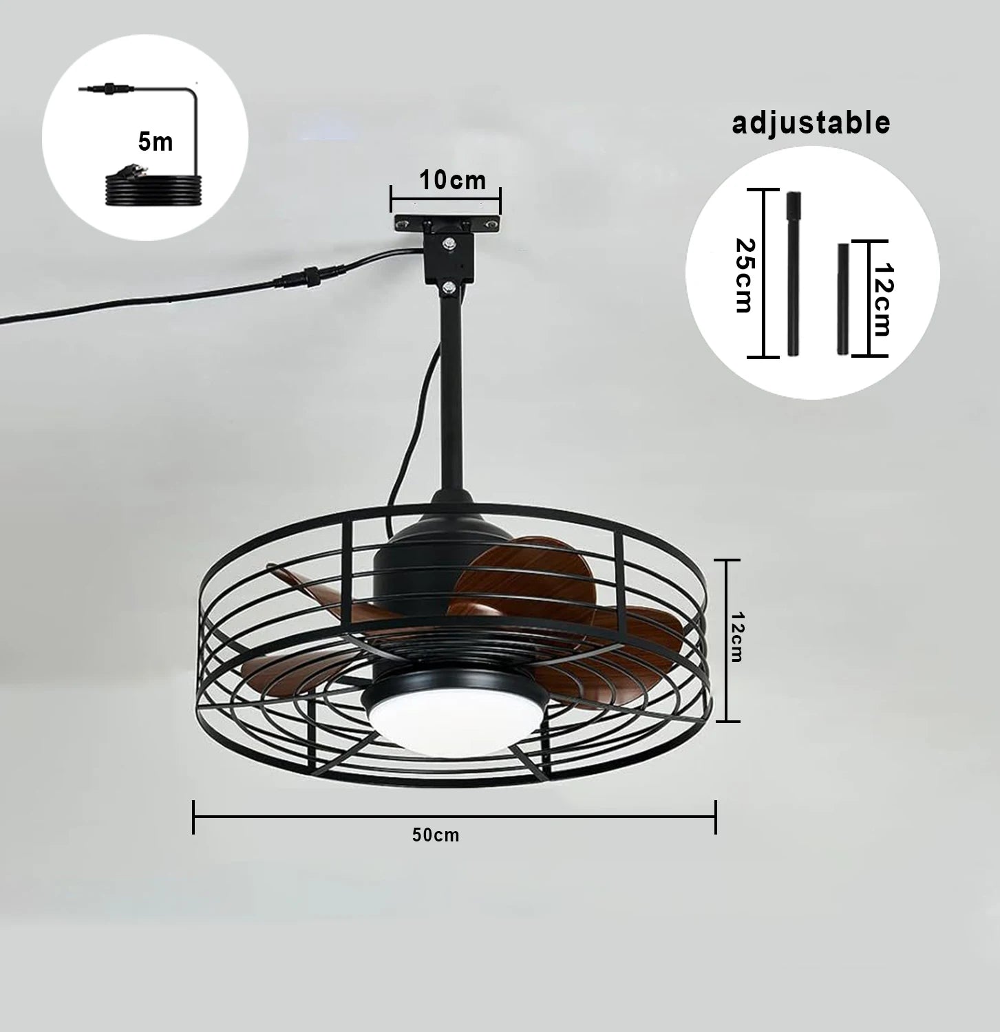 Ventilador de Techo Estilo Industrial con Luz y Control Remoto, Ventilador Exterior Impermeable con Jaula Redonda Negra y Gancho para Patios y Porches