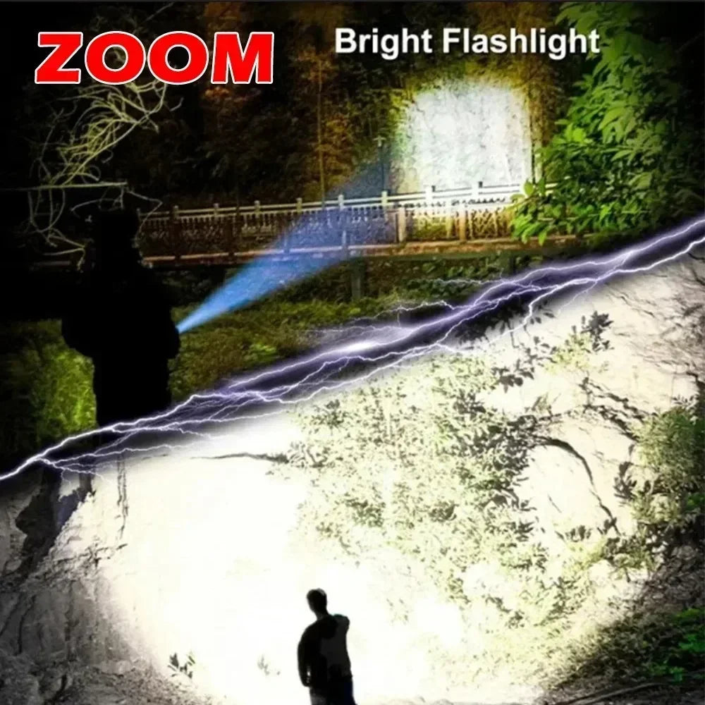 Linterna LED potente de 100000 lúmenes recargable USB 18650 impermeable con zoom para pesca, caza, linterna táctica de material ABS