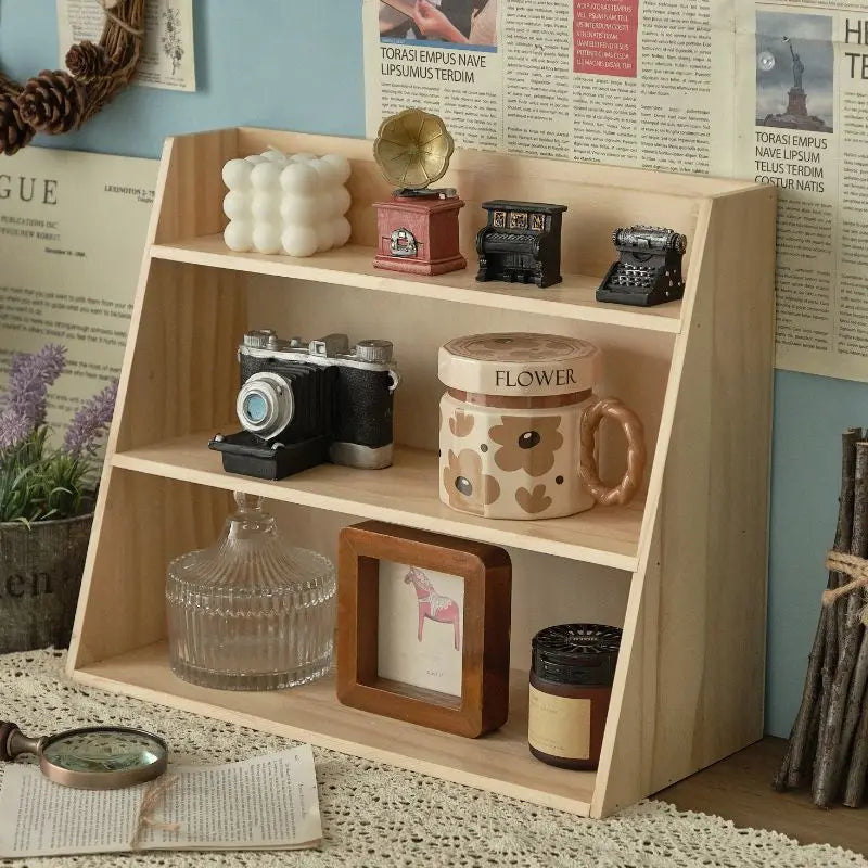 Estante de almacenamiento de cosméticos de madera maciza, organizador multifuncional de escritorio, caja de almacenamiento de muestras de tazas, estante de almacenamiento retro de madera multicapa
