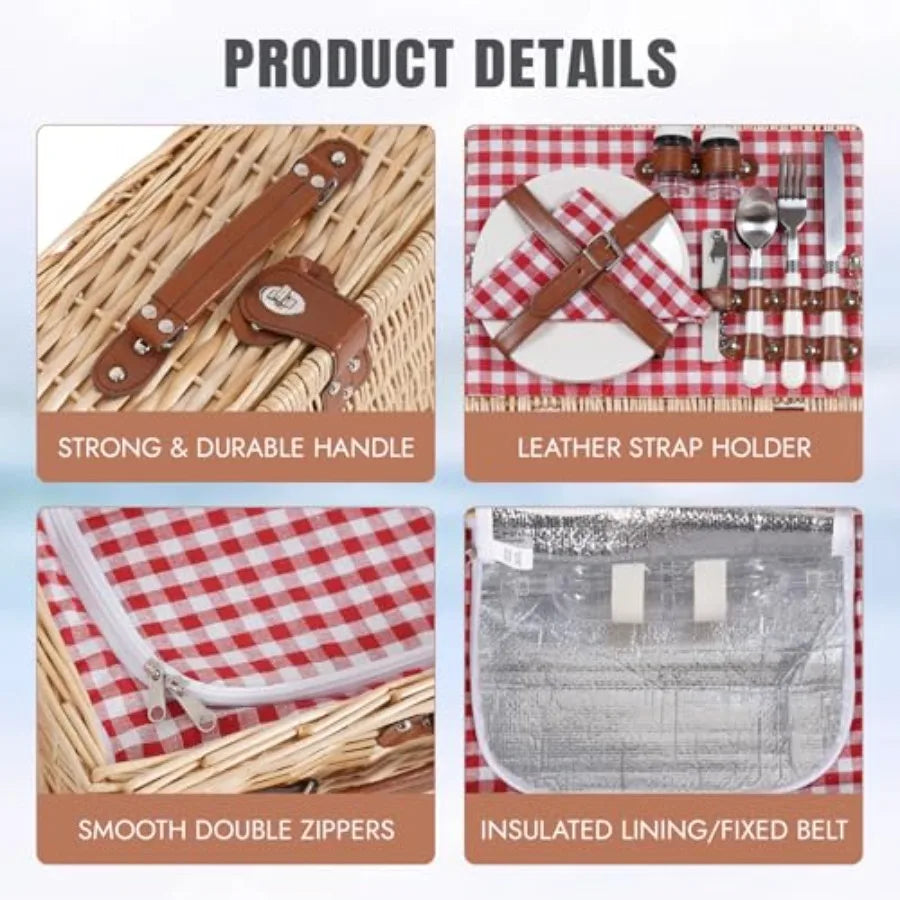 Cesta de picnic para 2 personas - Cesta de picnic de mimbre con manta impermeable y forro térmico, cesta grande de sauce hecha a mano con cu