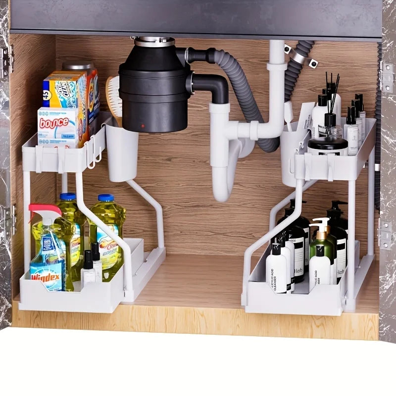 Organizador de dos niveles para debajo del fregadero que ahorra espacio, caja de almacenamiento extraíble, organizador de cajones esencial para cocina y baño, duradero y de gran capacidad