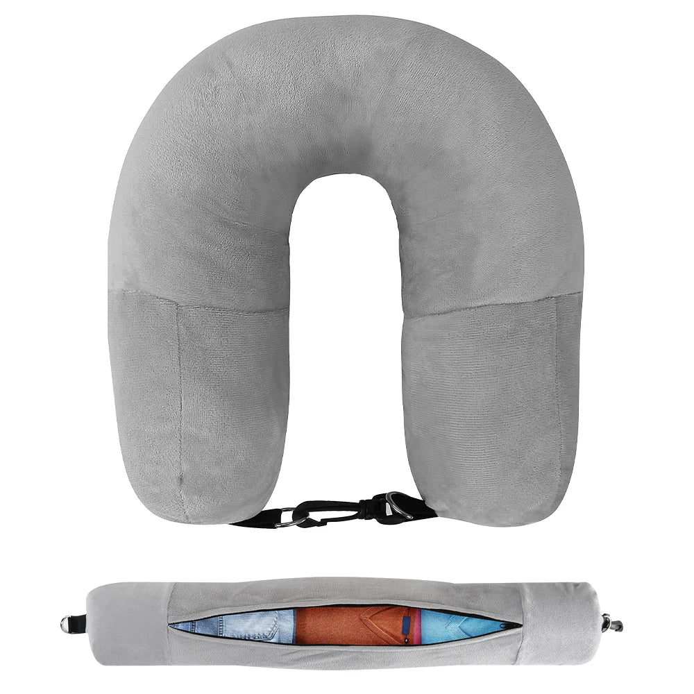 Almohada de viaje para cuello con funda en forma de U rellenable con ropa, bolsa de almacenamiento adicional, funda de almohada de terciopelo para viajes en avión