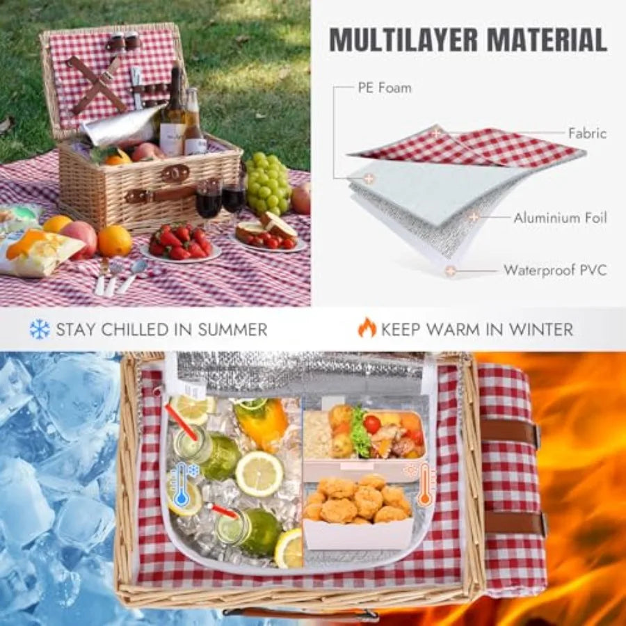 Cesta de picnic para 2 personas - Cesta de picnic de mimbre con manta impermeable y forro térmico, cesta grande de sauce hecha a mano con cu